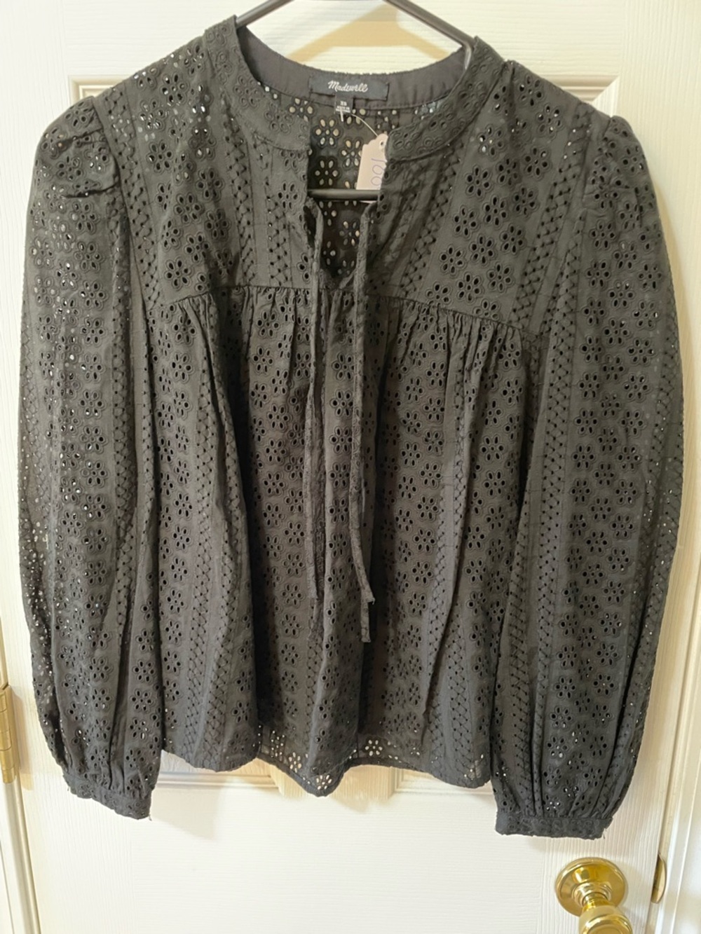 Madewell XS Eyelet Lace Peasant Blouse Tie Neck Boho Top 🖤